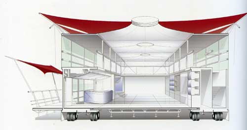 Computer rendering of traveling exhibition pavillion for the Hong Kong Tourist Authority, 1997